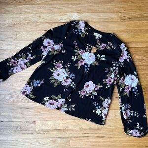Monteau Black Floral Blouse with Pink Flowers